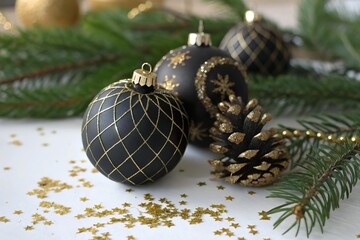 Elegante schwarze Weihnachtskugel mit goldenen Details und Tannenzweigen