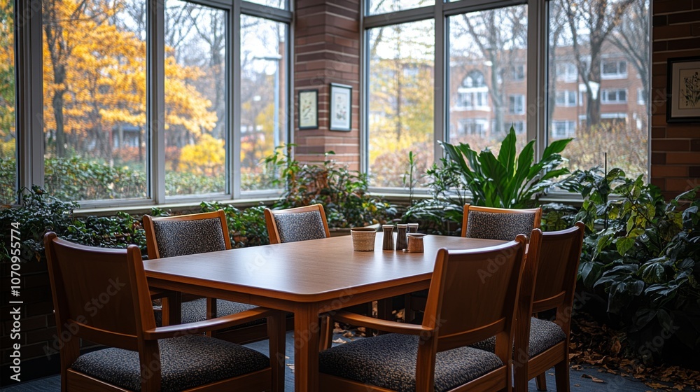 Poster a wooden table with four chairs sits in a bright room filled with plants, offering a serene atmosphe