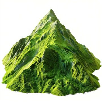 Green mountain peak reaching high above ground level is covered in lush vegetation