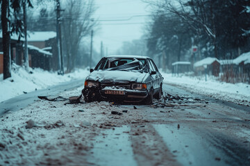 Gray car stranded on a snowy road amidst winter's harsh conditions