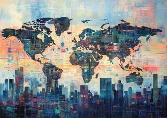 Fototapeta premium A digital map of the world with global network connections and business icons, set against an urban skyline background Generative AI
