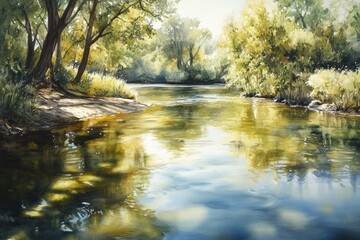Fototapeta premium A tranquil watercolor painting of a river flowing through a lush green forest.