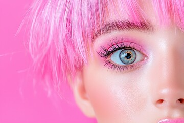 An up-close view of a woman with pink hair. Perfect for fashion, beauty, or alternative lifestyle campaigns.