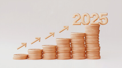 A stack of coins arranged in ascending order, with an upward pointing arrow next to each stack. The highest stack has the '2025' text