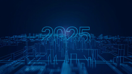 Obraz premium A digital, futuristic cityscape with tall skyscrapers and a central focus on the year '2025' 