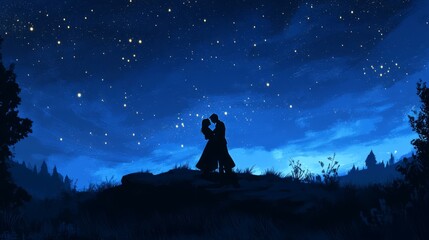 Fototapeta premium A silhouette of a couple embracing under a starry night sky, with a backdrop of rolling hills and trees.