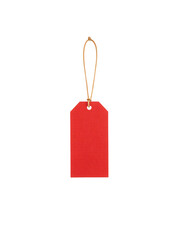 Red vertical hanging tag made of cardboard on isolated PNG background.