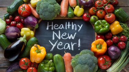A vibrant array of fresh vegetables arranged in a circular pattern around a chalkboard and the words 'Healthy New Year!' written on it