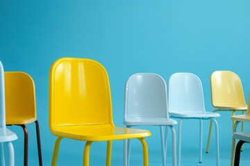 Yellow chair standing out among other chairs against a blue studio background, vibrant contrast
