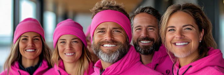 Smiling group of friends wearing pink clothing.