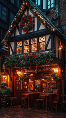 Obraz premium cozy winter scene of a traditional Cornish pub adorned with Christmas decorations, with snow gently falling and patrons enjoying the holiday spirit outside, ideal for a warm smartphone wallpaper