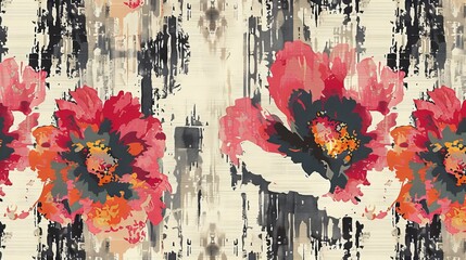 Abstract floral design with pink and orange flowers against a gray and white background.