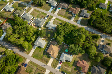 Aerial view of suburban landscape with private homes between green palm trees in Florida quiet...