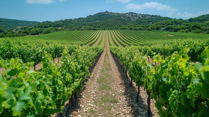 Scenic Vineyard Rows on Hillside at Midday
