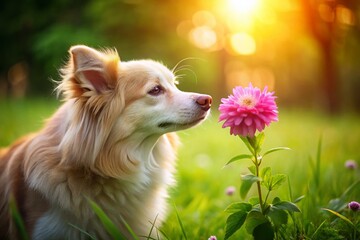 Fluffy Dog Sniffing Pink Flower in a Lush Green Field: A Heartwarming Moment of Tender Curiosity Captured in Nature’s Beauty with Ample Copy Space for Creative Use