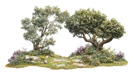 Serene Nature Landscape with Two Trees Surrounded by Lush Flora and Rock Pathway Illustration
