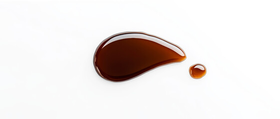 Two dark brown liquid drops in different sizes appear on a white background, showing glossy surfaces that reflect light. Spilled soy sauce puddle. Generative AI