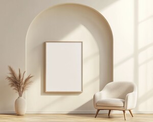 Minimalist Interior Design: Empty Warm-Toned Frame Mockup with Scandinavian Armchair and Modern Decoration