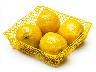 A yellow mesh basket filled with lemons on a white background