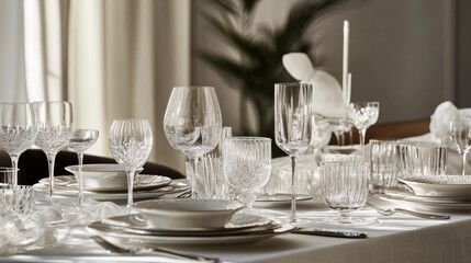 A refined dinner table setup with luxurious glassware and neutral tones, soft focus