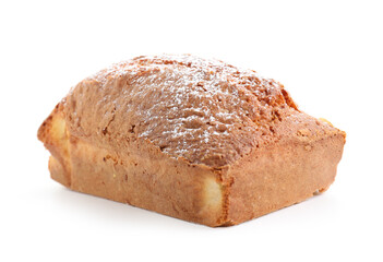 One tasty sponge cake with powdered sugar isolated on white