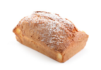 One tasty sponge cake with powdered sugar isolated on white