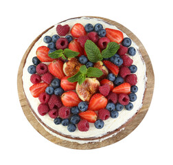 Delicious chocolate sponge cake with berries isolated on white, top view