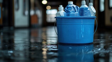 A blue bucket with cleaning supplies sits on a wet floor.