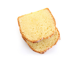 Slices of freshly baked sponge cake isolated on white, top view