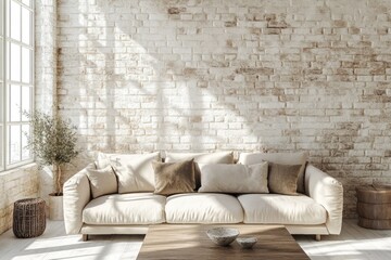 Modern Living Room Interior with Stylish Furniture, Art Decoration, and Panoramic Window