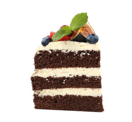 Piece of delicious chocolate sponge cake with berries isolated on white