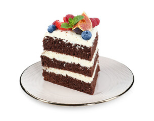 Piece of delicious chocolate sponge cake with berries isolated on white