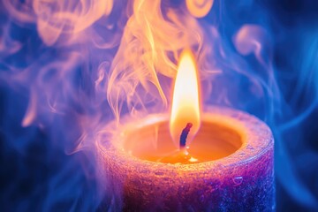 A Single Candle Burning with Orange Flame and Blue Smoke