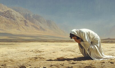 Biblical figure, likely Jesus, bowing in prayer in the desert. A scene of deep spiritual devotion and humility, symbolizing faith and endurance