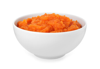 Tasty mashed sweet potato in bowl isolated on white
