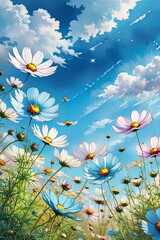 Vibrant field of colorful flowers against bright blue sky, creating joyful, lively scene. Flowers blooms reach upwards, blending with fluffy clouds, capturing essence of spring. For print, wallpaper.
