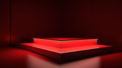 Red 3D Platform with Soft Lighting in a Dark Room