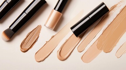 Makeup brushes and foundation shades arranged on surface, showcasing beauty, skincare, and cosmetics