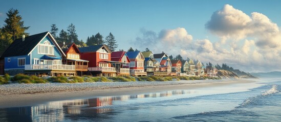 Obraz premium Colorful beach houses stand in a row on a sandy beach with blue sky and white clouds.