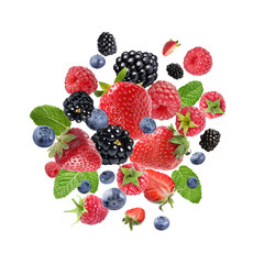 Mix of fresh berries in air on white background