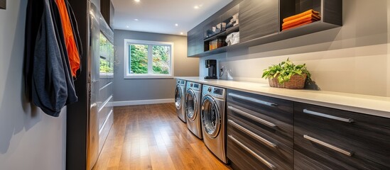 Fototapeta premium Modern laundry room with stainless steel appliances, wood floors, and grey cabinets.