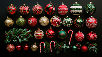 Fototapeta premium Christmas ornaments in festive colors like red, green, and gold, featuring baubles, candy canes, and holly leaves, creating a warm and traditional holiday atmosphere.