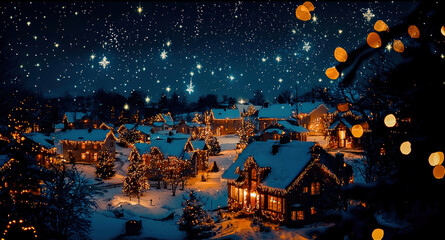 Obraz premium A Christmas village with lights on the houses creating constellations in the sky, adding a magical and festive atmosphere.