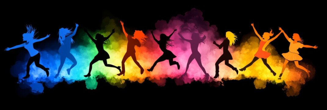  Siluetas de personas saltando y bailando sobre un fondo de colores vibrantes, transmitiendo alegr&iacute;a y diversi&oacute;n.

