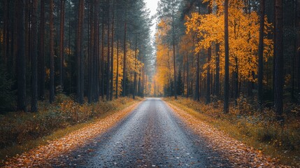 Obraz premium A gravel road stretches through a picturesque forest, lined with trees showcasing stunning hues of orange and yellow, creating a peaceful atmosphere perfect for a stroll.