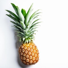 Fototapeta premium Ripe pineapple with fresh green leaves on empty white background 