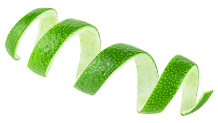 Fresh lime fruit peel isolated on a white background. Curly lime twist, selective focus.