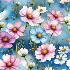 Vibrant field of colorful flowers against bright blue sky, creating joyful, lively scene. Flowers blooms reach upwards, blending with fluffy clouds, capturing essence of spring. For print, wallpaper.