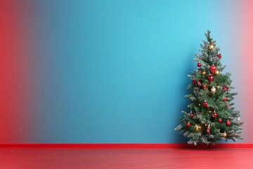  Árbol de Navidad decorado con adornos y luces sobre un fondo de pared en tonos rojo y azul, creando una atmósfera festiva y moderna.

