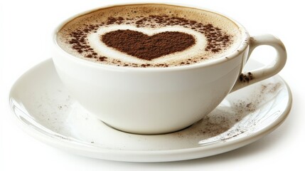Heart-Shaped Cocoa Art on Frothy Morning Coffee in White Ceramic Cup and Saucer